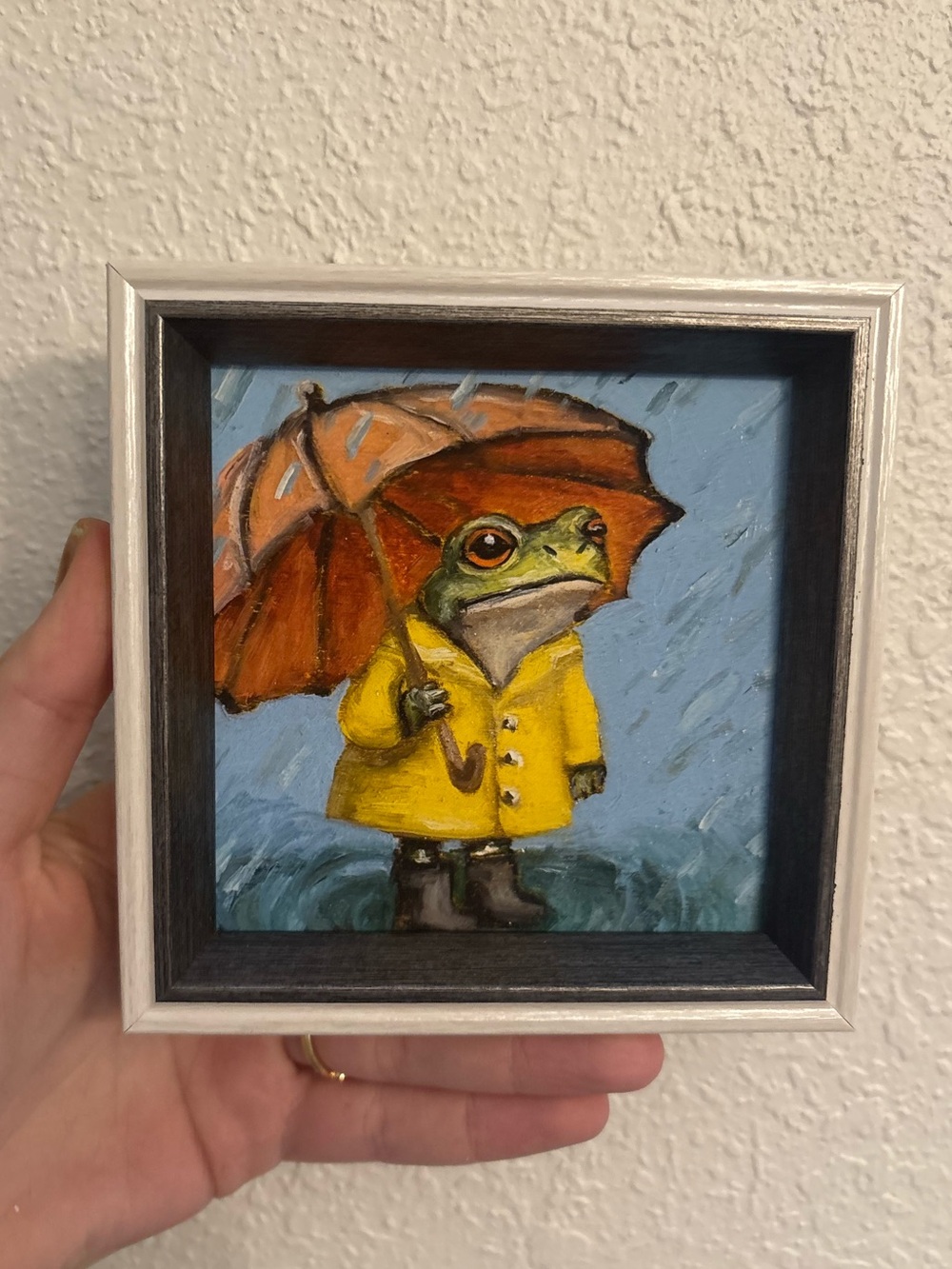 "Frog in the rain” Original oil painting PRINT mini framed 4x4"